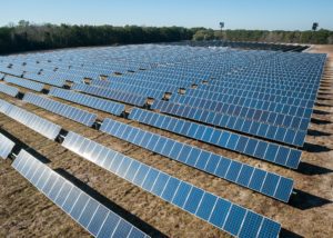 An aerial view of solar panels in a field.