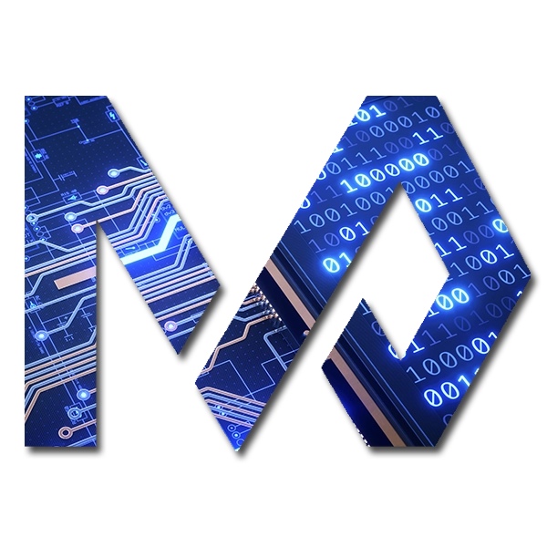 A blue logo with the letter m on it.