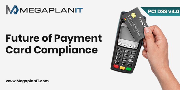 Future compliance in payment card industry with a hand holding a credit card tapping on a payment machine.