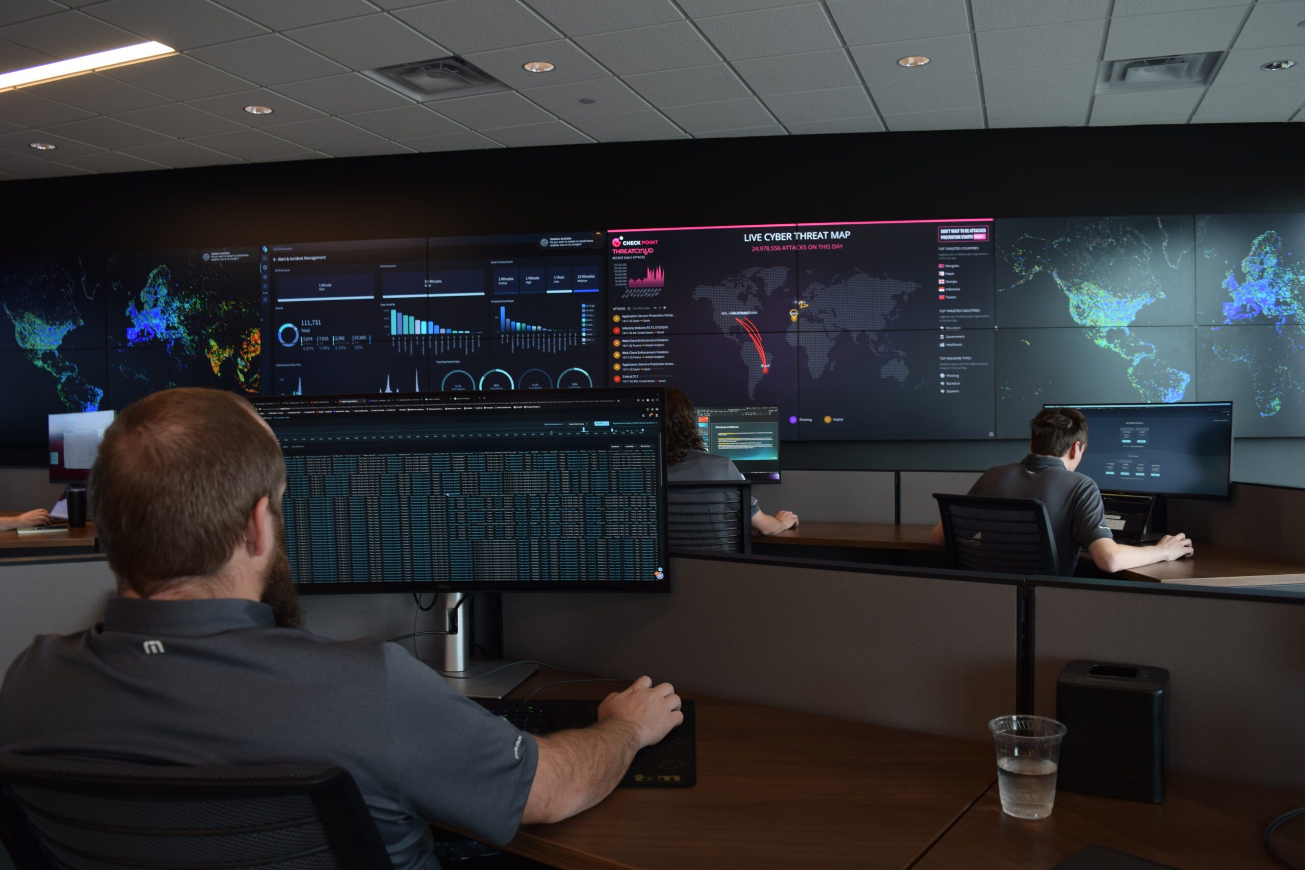 MegaplanIT staff working diligently at computers with a wall of computer screens for cyber security.